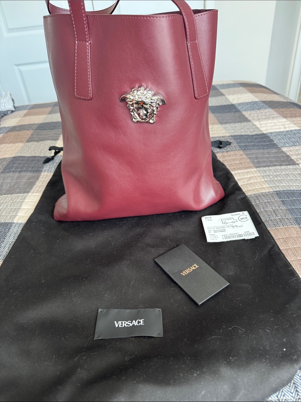 Versace Palladio Burgundy Leather Tote with Chrome Medusa Accent